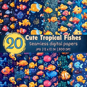 Tropical Fish Seamless Patterns, Underwater Sea Life Digital Paper, Vibrant Ocean Fish Background, Beach Party Printable Scrapbook Paper