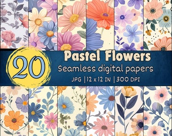 Pastel Flowers Seamless Pattern, Pastel Floral Digital Papers, Pastel Flowers Designs, Pastel Floral Wallpapers, Pastel Flowers Background