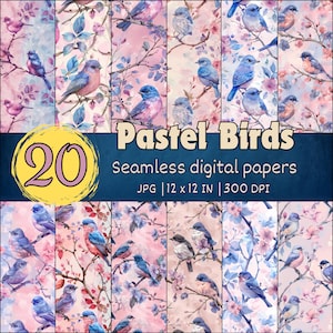 Motifs pastel sans couture d'oiseaux, Papiers numériques aquarelle d'oiseaux, Arrière-plans floraux doux, Motifs printaniers, Papiers peints inspirés de la nature
