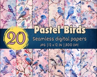 Pastel Bird Seamless Patterns, Watercolor Bird Digital Papers, Soft Floral Backgrounds, Springtime Designs, Nature-Inspired Wallpapers
