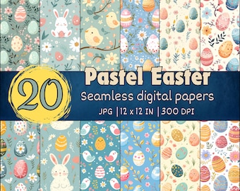 Pastel Easter Seamless Patterns, Cute Easter Digital Papers, Kawaii Easter Eggs Designs, Floral Easter Backgrounds, Easter Scrapbooking