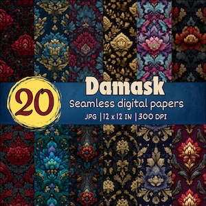 Luxury Damask Digital Paper – Seamless Baroque Floral Patterns, Vintage Ornate Backgrounds, Dark Elegant Scrapbook Paper, JPG 12x12, 300 DPI