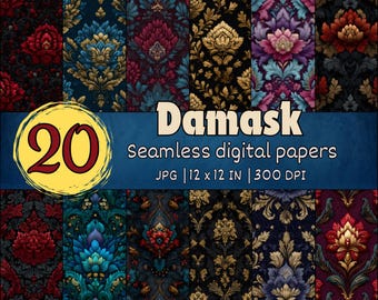May include: A collection of 20 seamless digital papers with a damask pattern. The papers feature ornate floral designs in various colors, including red, blue, gold, and purple. The text "Damask" and "Seamless digital papers" are displayed on a blue background.