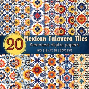 Mexican Talavera Tile Seamless Patterns, Colorful Folk Art Digital Papers, Traditional Ceramic Designs, Bright Floral Tile Backgrounds