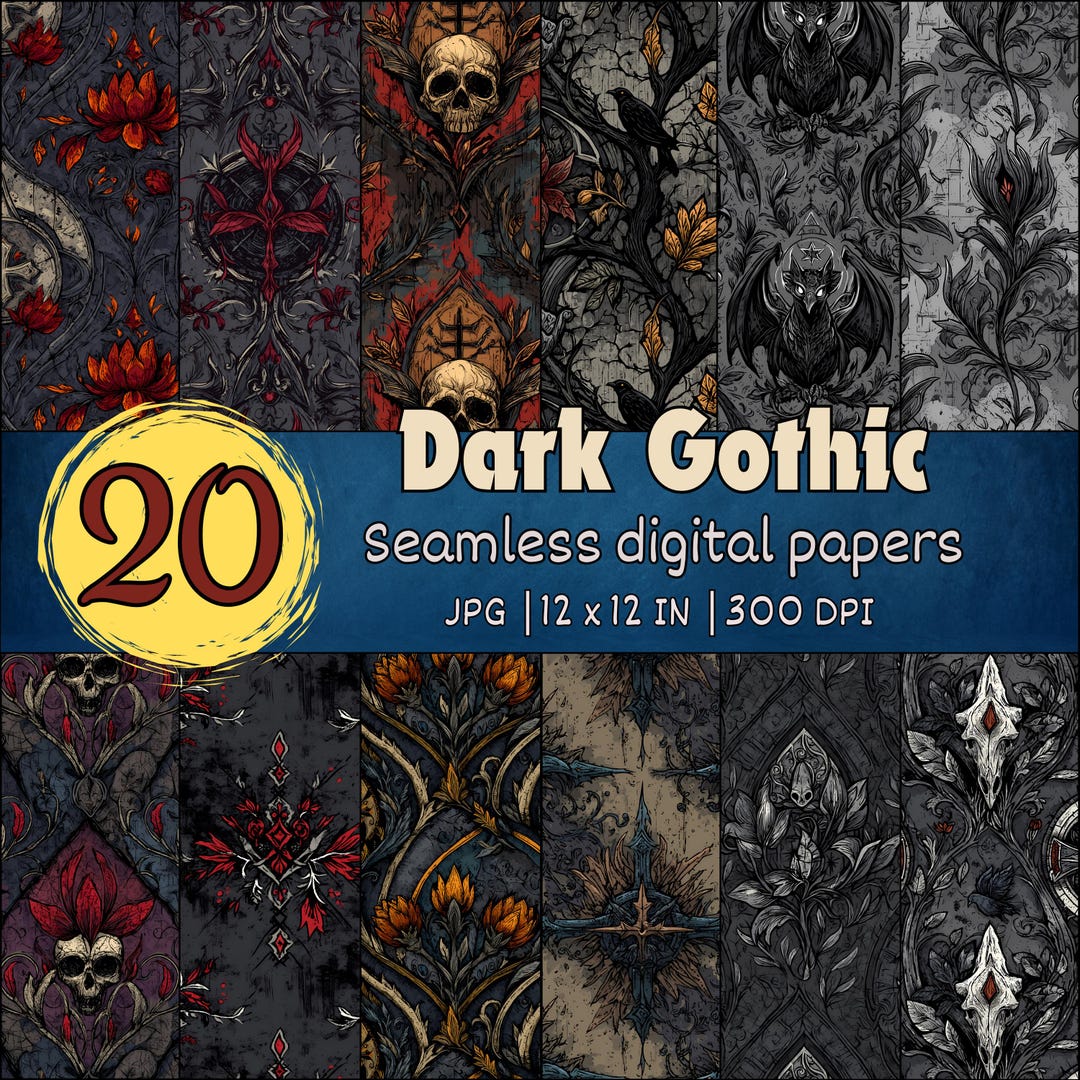 Dark Gothic Seamless Patterns, Halloween Digital Papers, Skulls ...