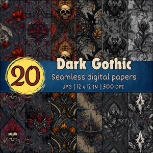 Dark Gothic Seamless Patterns, Halloween Digital Papers, Skulls & Ravens Pattern, Spooky Baroque Backgrounds, Occult Grunge Scrapbook Kit