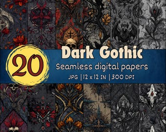 Mörka gotiska sömlösa mönster, digitala Halloween-papper, dödskallar och korpar, kusliga barocka bakgrunder, ockult grunge-klippbokskit