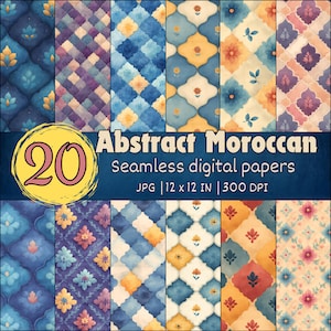 Marokkaanse aquarel digitaal papierpakket, naadloos islamitisch tegelpatroon, blauwe en gouden geometrische achtergronden, boho arabesk plakboektextuur