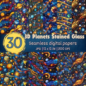 Planets Stained Glass Seamless Pattern, Stars Repeating Pattern, Cosmos Stained Glass Backgrounds, Stained Glass Designs, Galactic Wallpaper