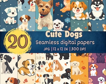 Puede incluir: Un conjunto de 20 papeles digitales con adorables perros de dibujos animados en varias poses y razas. Los papeles son sin costuras y vienen en una variedad de colores y patrones. El texto "Cute Dogs Seamless digital papers JPG | 12 x 12 IN | 300 DPI" se muestra en la parte inferior de la imagen.