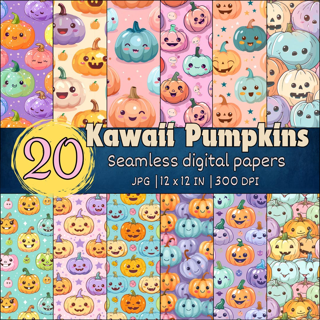 Kawaii Pastel Pumpkins Seamless Patterns, Cute Pumpkin Digital Papers ...