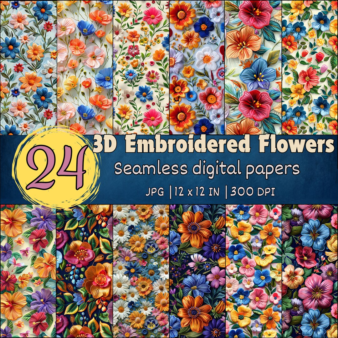 3D Flower Seamless Embroidery Pattern, Floral Digital Paper Pack ...