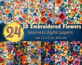 Pode incluir: Um conjunto de 24 papéis digitais com flores bordadas em 3D em várias cores e padrões. Os papéis são sem costura e medem 30,48 cm por 30,48 cm a 300 DPI.