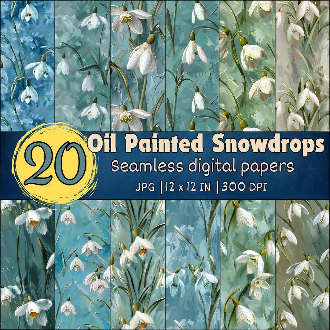 Snowdrop Pixel Pattern Oil Painted Snowdrops Seamless Patterns, Delicate Floral Digital Papers ...