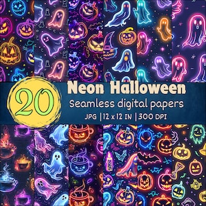 May include: 20 neon Halloween digital papers with glowing pumpkins, ghosts, and other spooky designs. Each paper is 12 inches by 12 inches and 300 DPI.