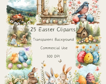Schattig aquarel Pasen clipart bundel, paashaas PNG, paaskuikens, paaseieren, lentebloemen, kinderkamer decor, instant download