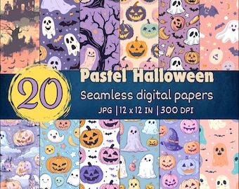 Pastel Halloween Digital Papers, Cute Halloween Seamless Patterns, Kawaii Halloween Backgrounds, Halloween Designs, Spooky Wallpapers