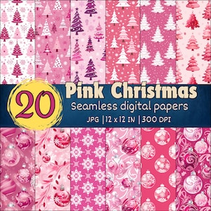 Pink Christmas Seamless Patterns, Pink Holidays Digital Papers, Cute Christmas Designs, Christmas Tree Wallpapers, Christmas Backgrounds