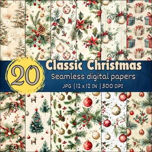 May include: A set of 20 digital papers featuring classic Christmas designs. The papers feature a variety of festive elements, including holly, berries, ornaments, pine cones, and snowflakes. The papers are seamless and can be used for a variety of crafting projects.
