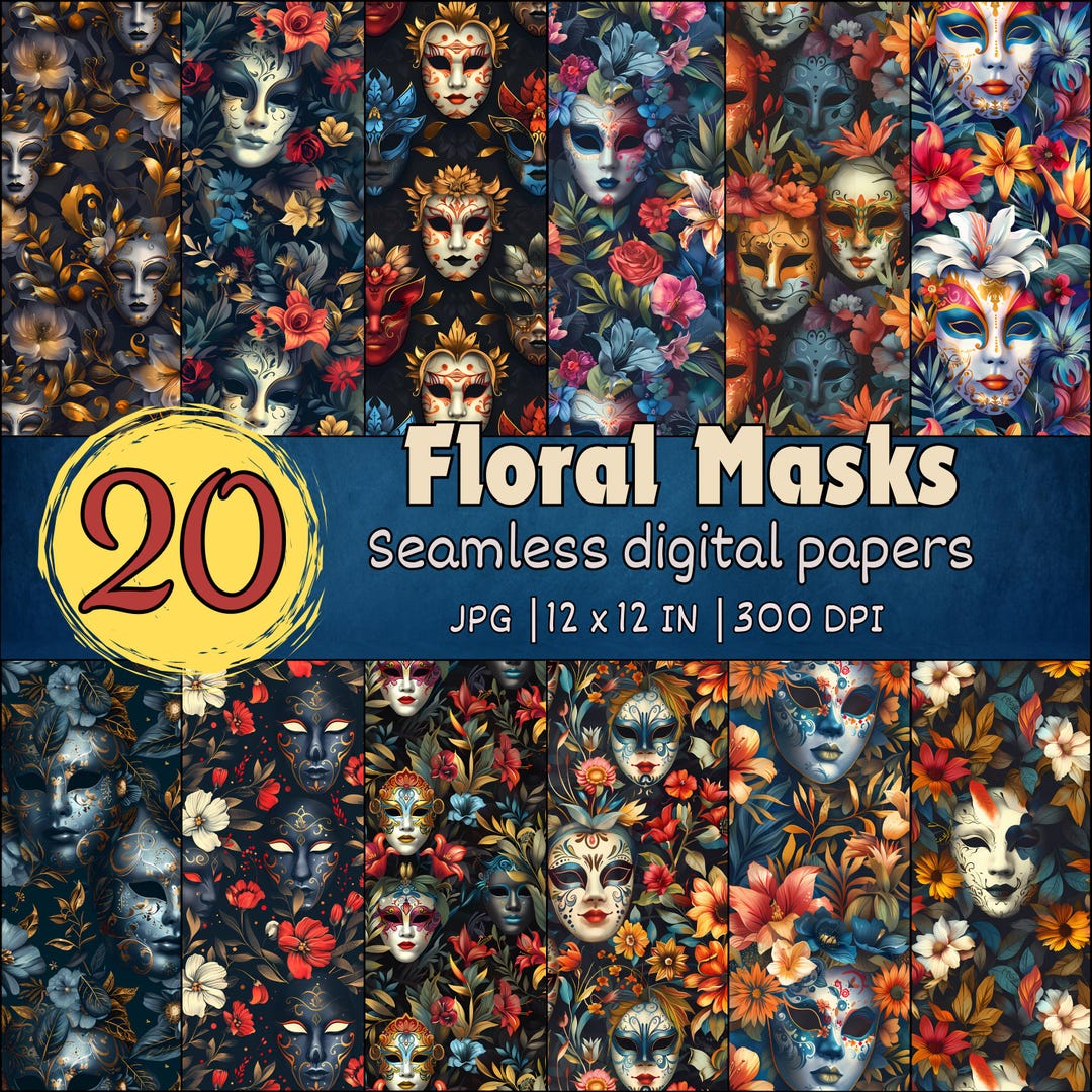 Mask Pattern Background Floral Masks Seamless Patterns, Elegant Masquerade Digital Papers ...