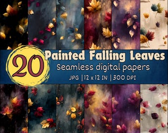 Painted Autumn Leaves Seamless Patterns, Fall Foliage Digital Papers, Watercolor Leaf Patterns, Autumn Scrapbook Textures, Leaves Wallpapers