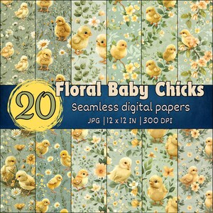 May include: A set of 20 digital papers featuring cute baby chicks with floral patterns. The papers are seamless and perfect for crafting projects, scrapbooking, and more. Each paper is 12 inches by 12 inches and 300 DPI.