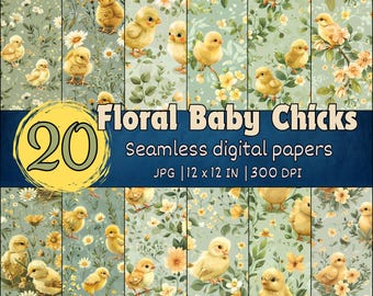 Floral Baby Chick Seamless Patterns, Cute Spring Digital Papers, Adorable Chick Designs, Pastel Floral Backgrounds, Farm-Themed Wallpapers