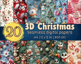May include: A set of 20 digital papers featuring 3D Christmas designs. The papers are seamless and come in a variety of colors and patterns, including penguins, reindeer, owls, candy canes, and Christmas trees. The papers are 12 x 12 inches and 300 DPI.