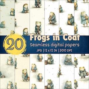 May include: Digital paper set featuring whimsical illustrations of frogs in coats. The frogs are depicted in various poses, some holding items like buckets or cups. The background is a soft, neutral color. The text "Frogs in Coat" and "20 Seamless digital papers" is visible.
