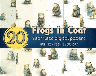 Niedliche Frösche in Mäntel Nahtlose Muster, Aquarell Frosch Digitale Papiere, entzückende Frosch Hintergründe, Gemütliche Waldfreunde Scrapbook Set