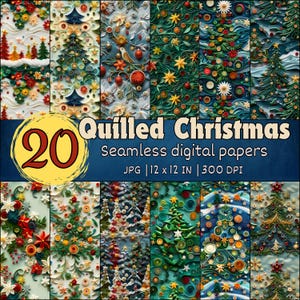 May include: A collage of 20 digital paper designs featuring quilled Christmas patterns. The patterns include Christmas trees, stars, snowflakes, and other festive elements in a variety of colours, including green, red, blue, and gold. The papers are 12 inches by 12 inches and 300 DPI.