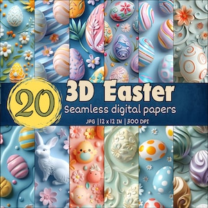 20 jolis papiers numériques 3D sans couture pour Pâques, papier d'emballage de Pâques 3D, fond d'oeufs de Pâques, papier numérique motif Pâques, lapins de Pâques 3D