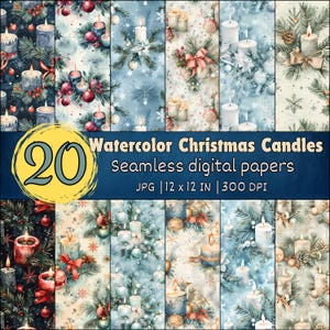 May include: A set of 20 digital papers featuring watercolour illustrations of Christmas candles, pine branches, and ornaments. The papers are seamless and ideal for creating festive crafts and projects.