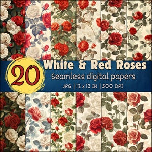 White And Red Roses Seamless Patterns, Floral Digital Papers, Romantic Rose Backgrounds, Vintage Flower Scrapbook Papers, Rose Wallpapers