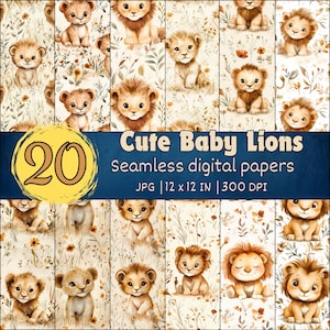 Pacchetto di carta digitale con tenero leoncino, modelli senza soluzione di continuità con animali della giungla del safari, sfondi per album di ritagli per bambini, design per baby shower, sfondi