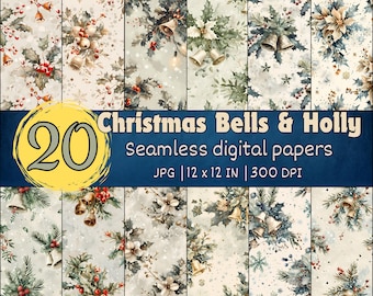 May include: A set of 20 digital papers featuring a seamless pattern of Christmas bells and holly. The papers are in a watercolor style with a white background and green, red, and gold accents. The text "Christmas Bells & Holly" and "Seamless digital papers" is displayed on a blue banner. The text "JPG | 12 x 12 IN | 300 DPI" is displayed on a white banner.