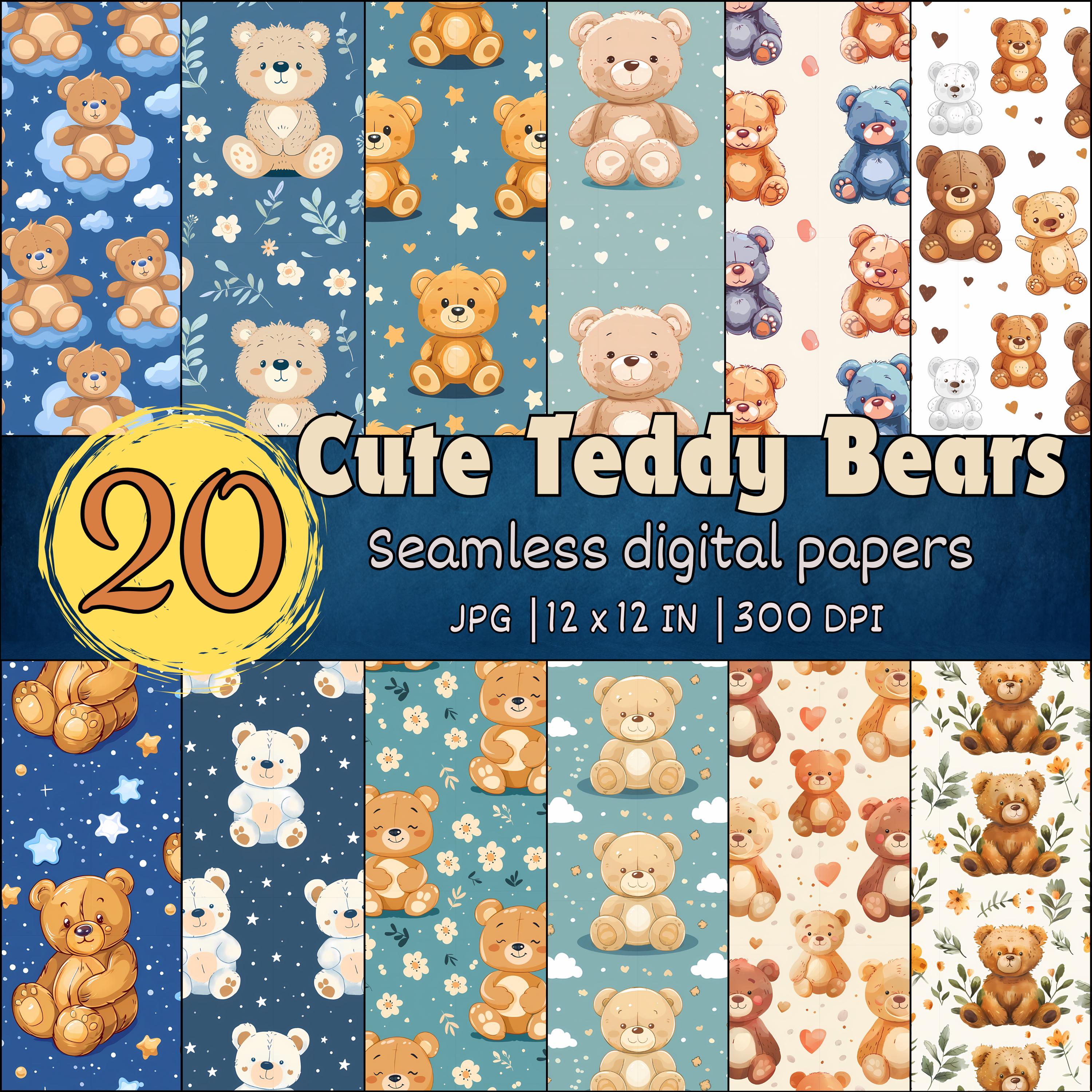 Adorable Teddy Bear Seamless Patterns, Cute Teddy Bear Digital