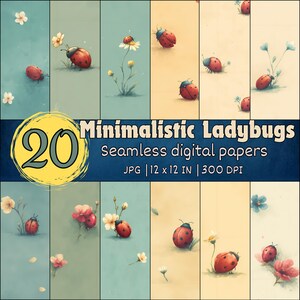 Minimalist Ladybug Seamless Patterns, Nature Insect Digital Papers, Cute Garden Designs, Soft Pastel Cottagecore Aesthetic, Kawaii Ladybugs