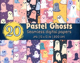 Cute Pastel Halloween Ghosts Seamless Pattern, Kawaii Ghosts Digital Papers, Halloween Designs, Spooky Backgrounds, Halloween Wallpapers