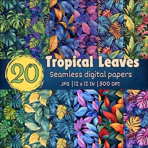 May include: A collage of 20 digital papers featuring tropical leaves in various colors and patterns. The papers are seamless and perfect for crafting, scrapbooking, and digital design projects.  "Tropical Leaves Seamless Digital Papers" and "JPG | 12 x 12 IN | 300 DPI" are written in white text on a blue background.
