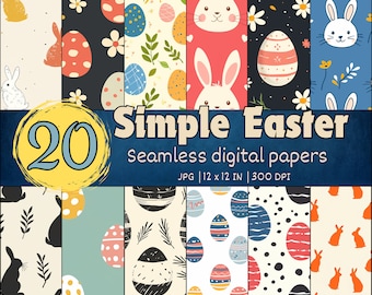 20 Minimalistic Easter Digital Papers, Seamless Easter Digital Paper Pack, Cute Easter Eggs And Bunnies Wrapping Paper, Instant Download