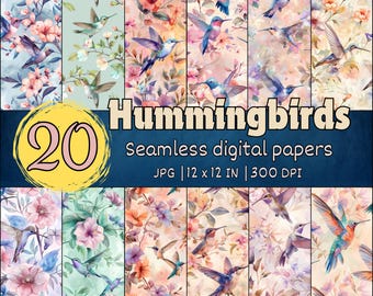 Elegant Hummingbird Seamless Patterns, Floral Digital Papers, Delicate Watercolor Bird Designs, Cute Bird Backgrounds, Pastel Wallpapers