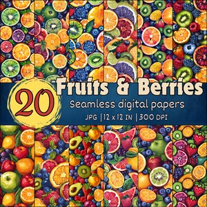 Obst und Beeren Musterdesign, lebendige digitale Papiere, frische Sommer Designs, tropische Hintergründe, Scrapbooking Drucke, Kunst zum Thema Essen