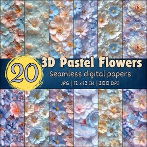 May include: 20 seamless digital papers featuring 3D pastel flowers in a variety of colors. Each paper is 12 x 12 inches and 300 DPI.