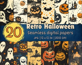 Könnte beinhalten: Ein Set mit 20 digitalen Papieren mit Retro-Halloween-Designs. Die Papiere enthalten Muster mit Kürbissen, Geistern, Fledermäusen, Sternen und Häusern. Die Papiere sind 30,5 cm x 30,5 cm groß und haben eine Auflösung von 300 DPI.