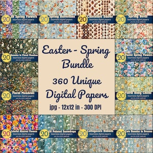 Pacchetto di carta digitale Pasqua-Primavera, motivi floreali senza soluzione di continuità, vivaci design stagionali, sfondi di coniglietti pasquali, sfondi primaverili pastello