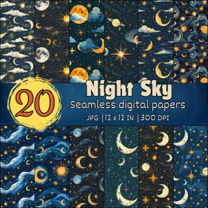Può includere: Un set di 20 carte digitali con un tema di cielo notturno. Le carte presentano vari elementi celesti, tra cui stelle, lune, pianeti e nuvole, in uno schema di colori blu e oro. Il testo "Night Sky Seamless digital papers JPG | 12 x 12 IN | 300 DPI" è visualizzato sull'immagine.