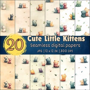 Cute Kitten Seamless Patterns, Playful Cat Digital Papers, Nursery Animal Craft Designs, Pastel Pet Backgrounds, Feline Scrapbook Patterns