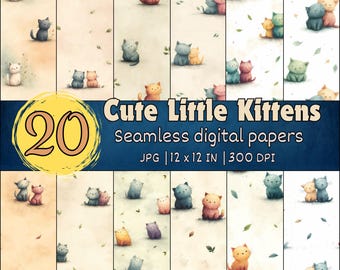 May include: A collection of 20 seamless digital papers featuring watercolor illustrations of cute kittens in various colors. Each paper is 12 x 12 inches and has a resolution of 300 DPI. The papers showcase kittens in pairs and solo, with a soft, whimsical aesthetic.
