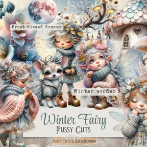 以下が含まれることがあります： 冬の妖精、鹿、キノコハウスを描いた、気まぐれなデジタルイラスト。青、ピンク、クリーム色のソフトな色使い。テキストには「Frost-kissed dreams」、「Winter wonder」、「Winter Fairy Fussy Cuts & Backgrounds」が含まれています。